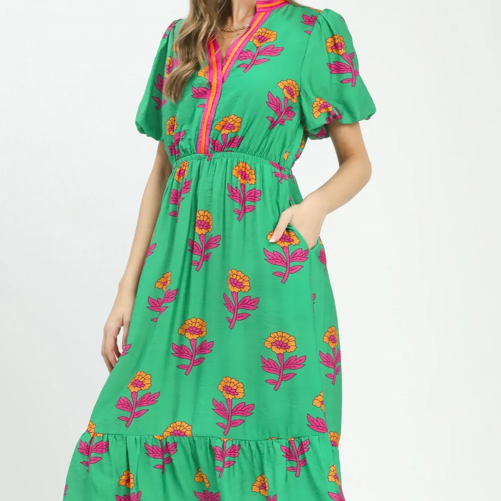 Floral Tiered Puff Sleeve V-Neck Dress