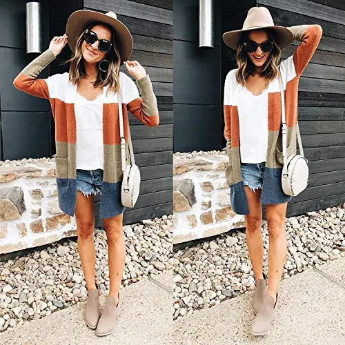 Womens Cardigan Color Block Striped Draped Kimono Cardigans Long Sleeve Open Front Casual Knit Sweaters Coat Outwear