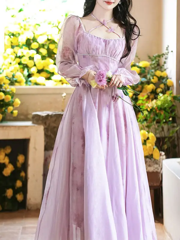 Butterfly Square Neck Long Dress