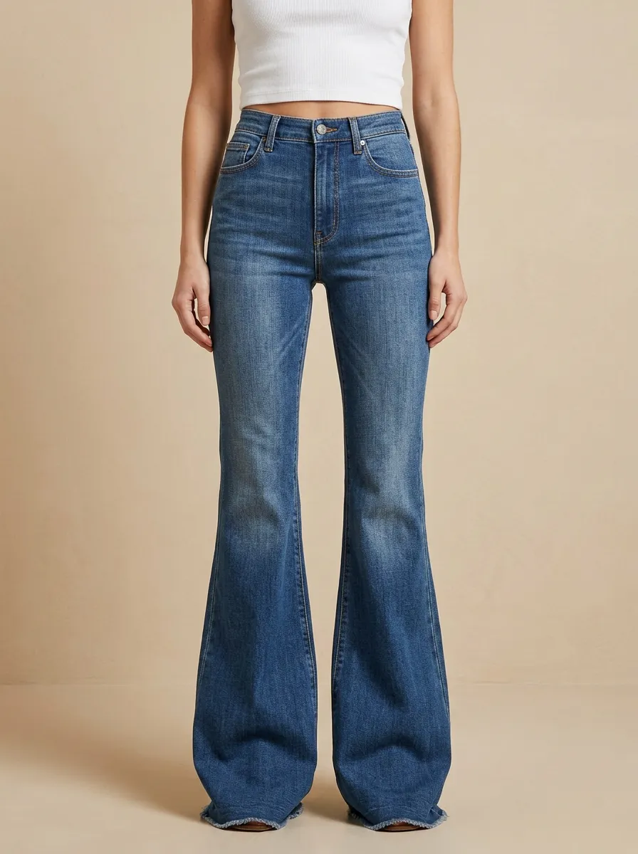 Five Pocket Raw Hem Contrast Stitch Faded Finish Flare Jeans