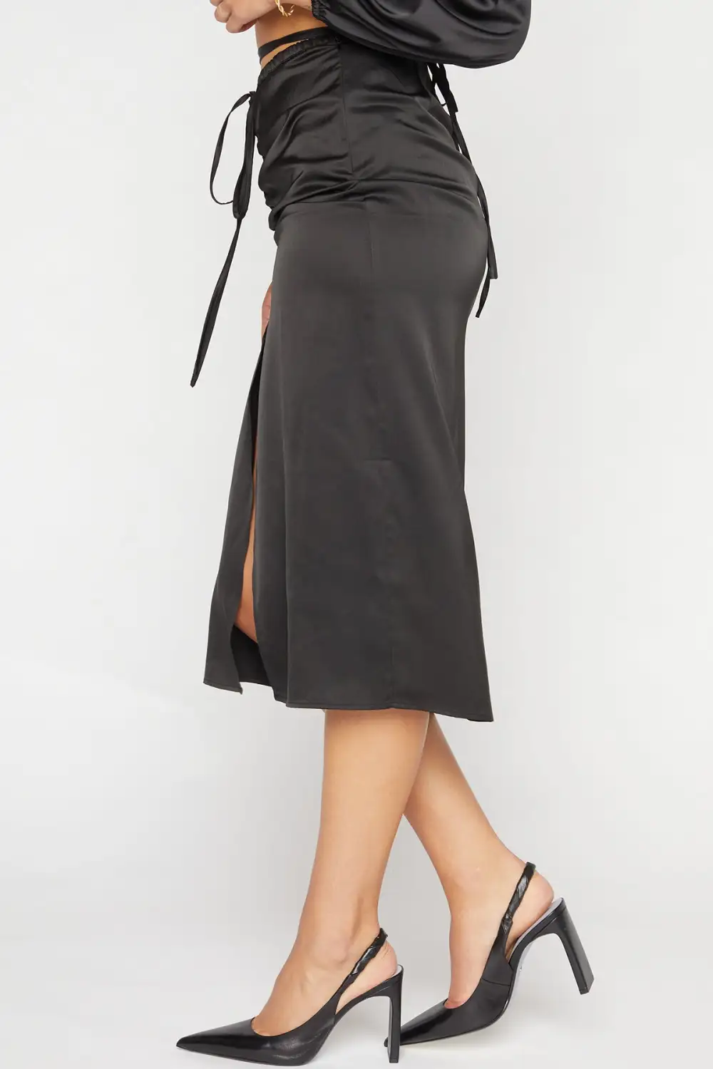 Ruched Slit Front Satin Skirt