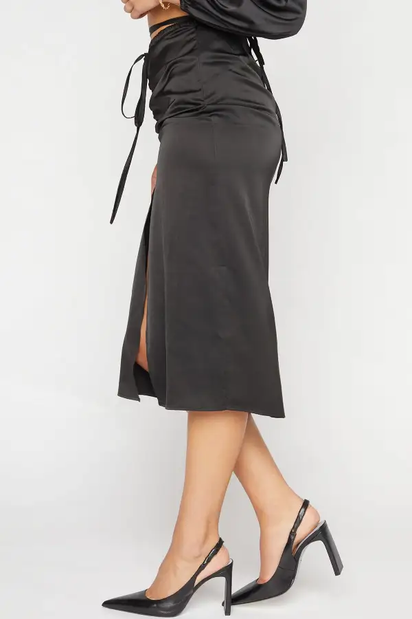 Ruched Slit Front Satin Skirt