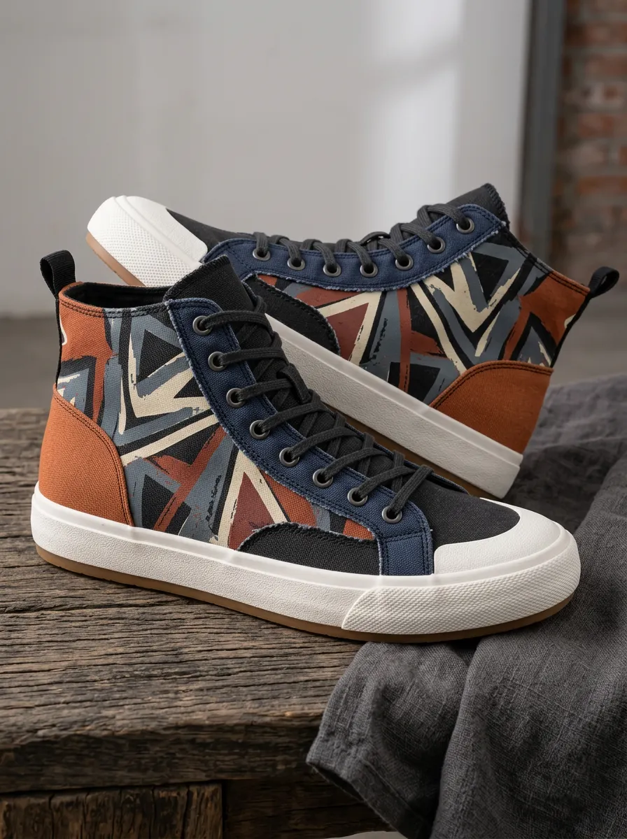 Men's Abstract Geometric Pattern Printed Canvas High Top Shoes