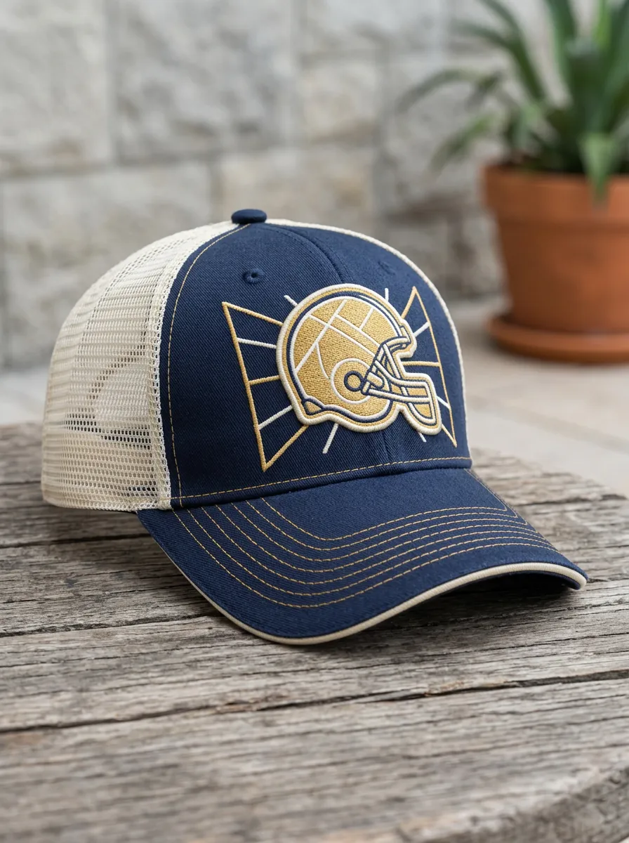 Men's American Football Fan Gold Helmet Embroidered Mesh Trucker Cap
