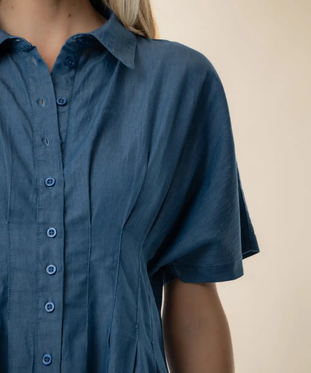 Pleated Denim Shirt Mini Dress