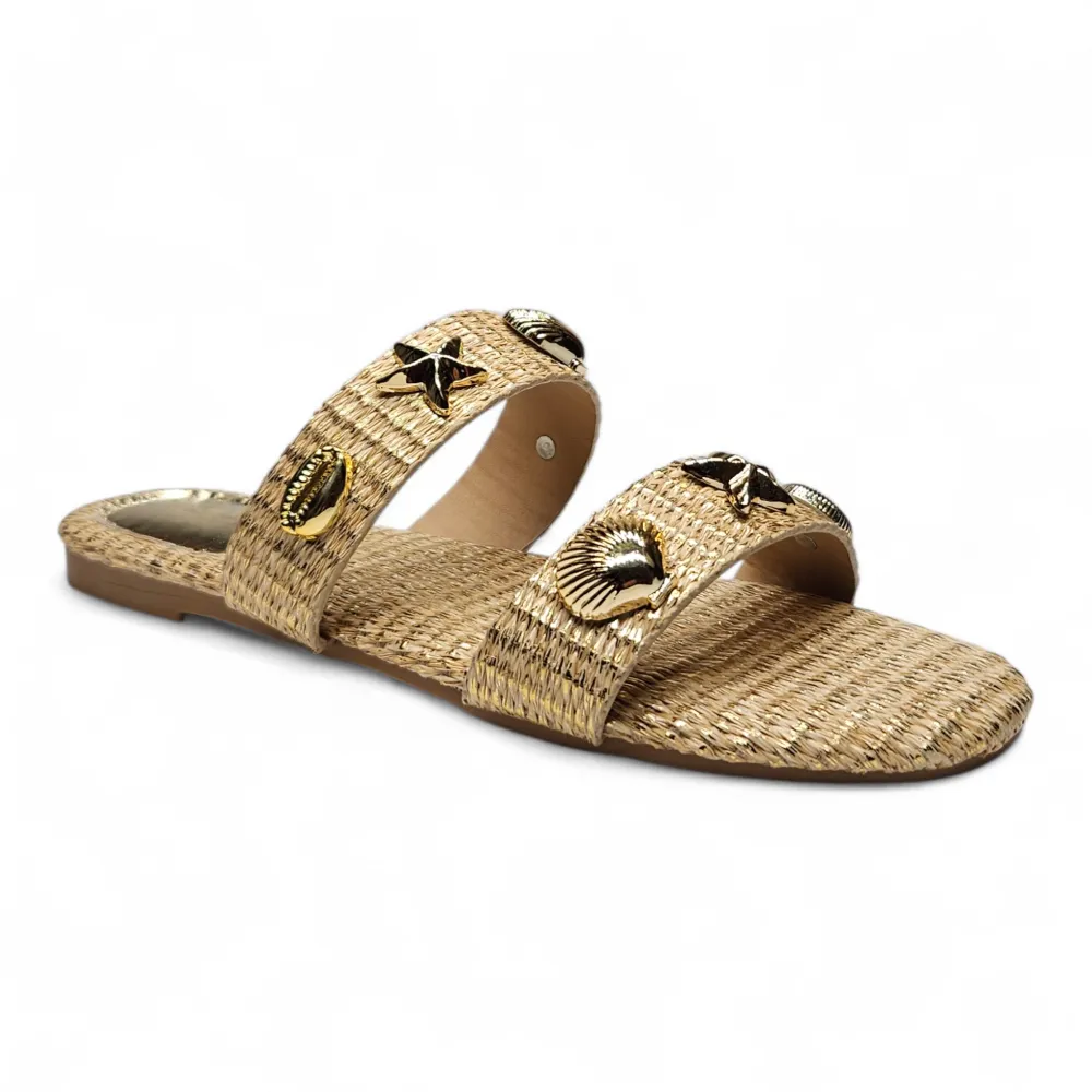 Golden Seashell Woven Double Strap Slide Sandal