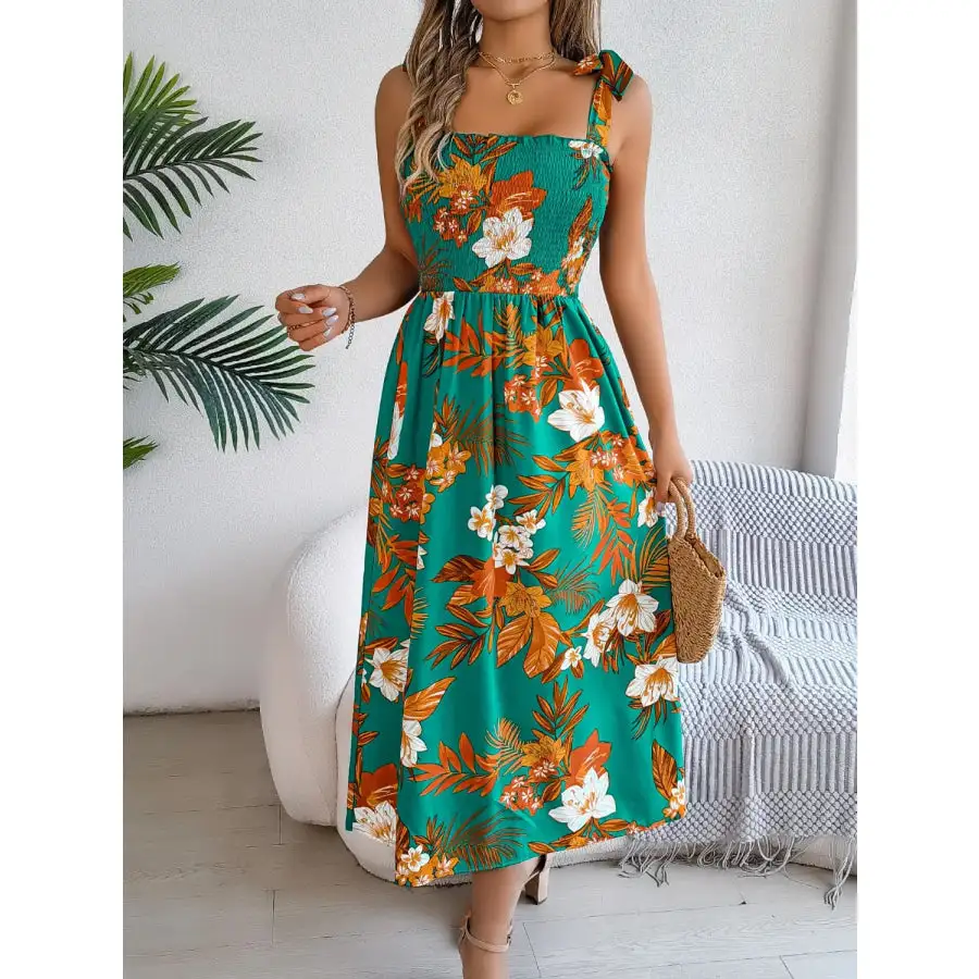 Smocked Tie Shoulder Midi Dress