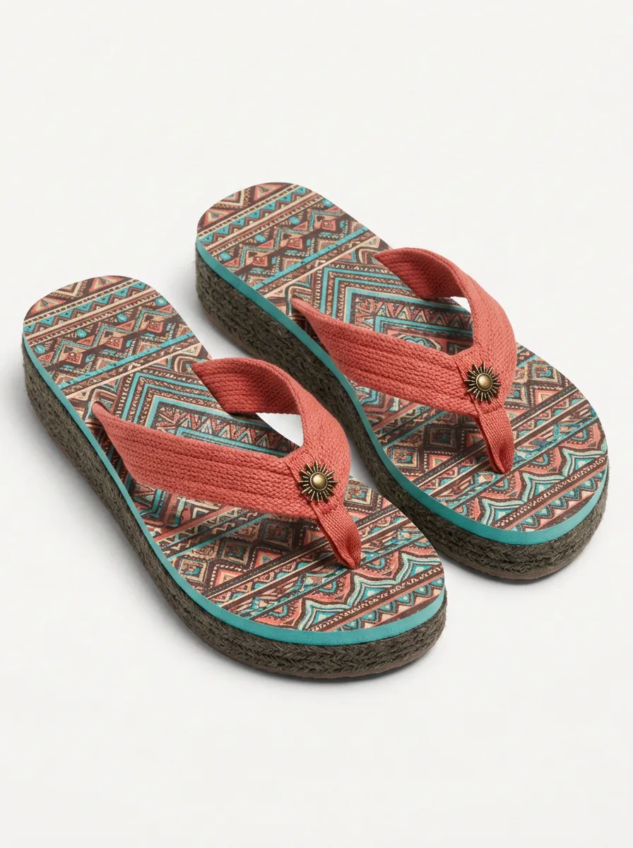Women's Boho Style Geometric Pattern Printed Platform Flip Flops