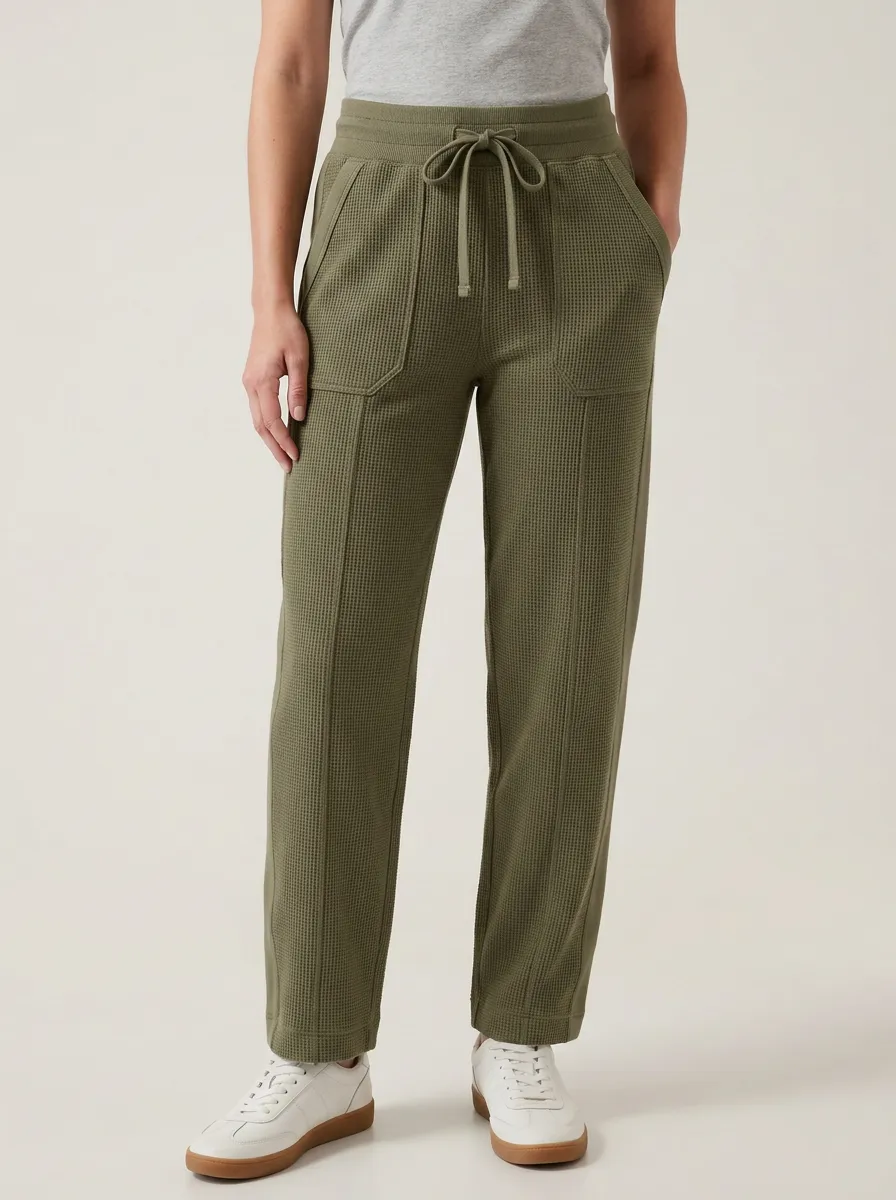 Women's Olive Green Waffle Knit Drawstring Casual Jogger Pants