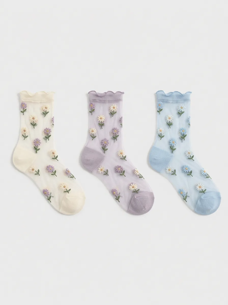 Women's Floral Lover Daisy Embroidered Sheer Socks 3-Pack