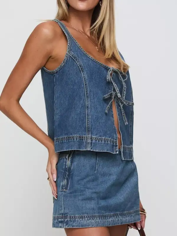 Tie Front Coordinated Set Denim Pants