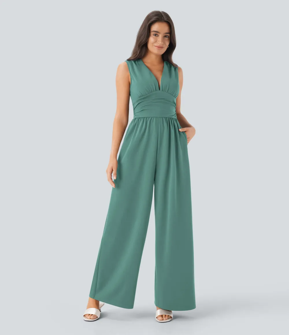 SculptKnit V Neck Sleeveless Ruched Pocket Jumpsuit-Easy Peezy