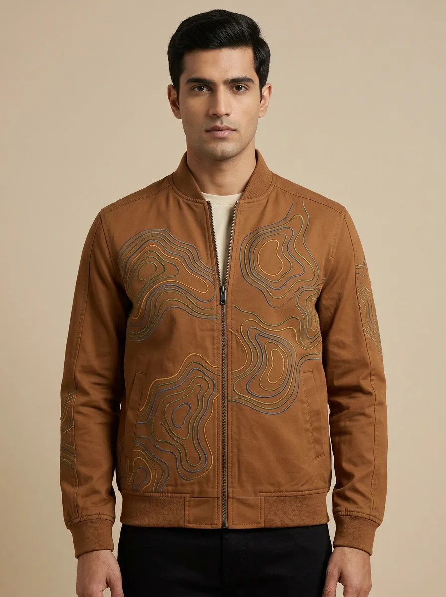 Topographic Print Cuffed Sleeves Bomber Jacket