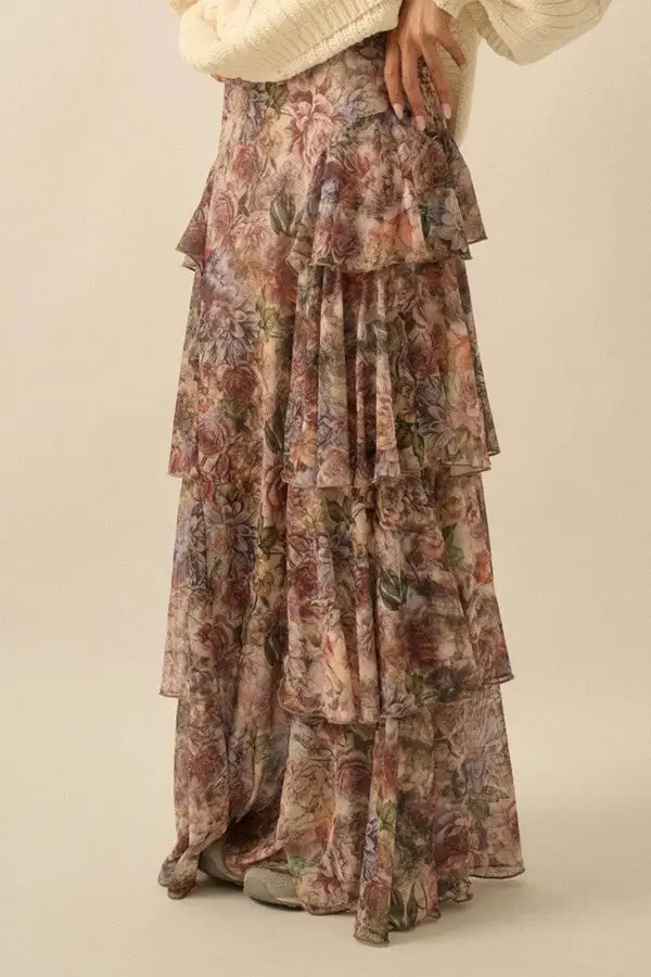 Women's Floral Print Tiered Ruffle Maxi Skirt