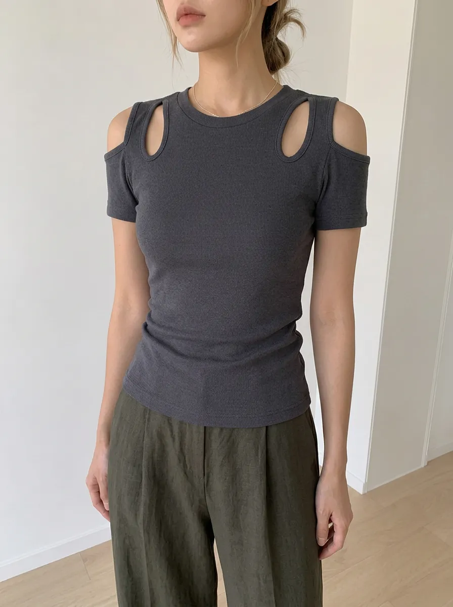 Women's Casual Fashion Grey Ribbed Cutout Shoulder Top