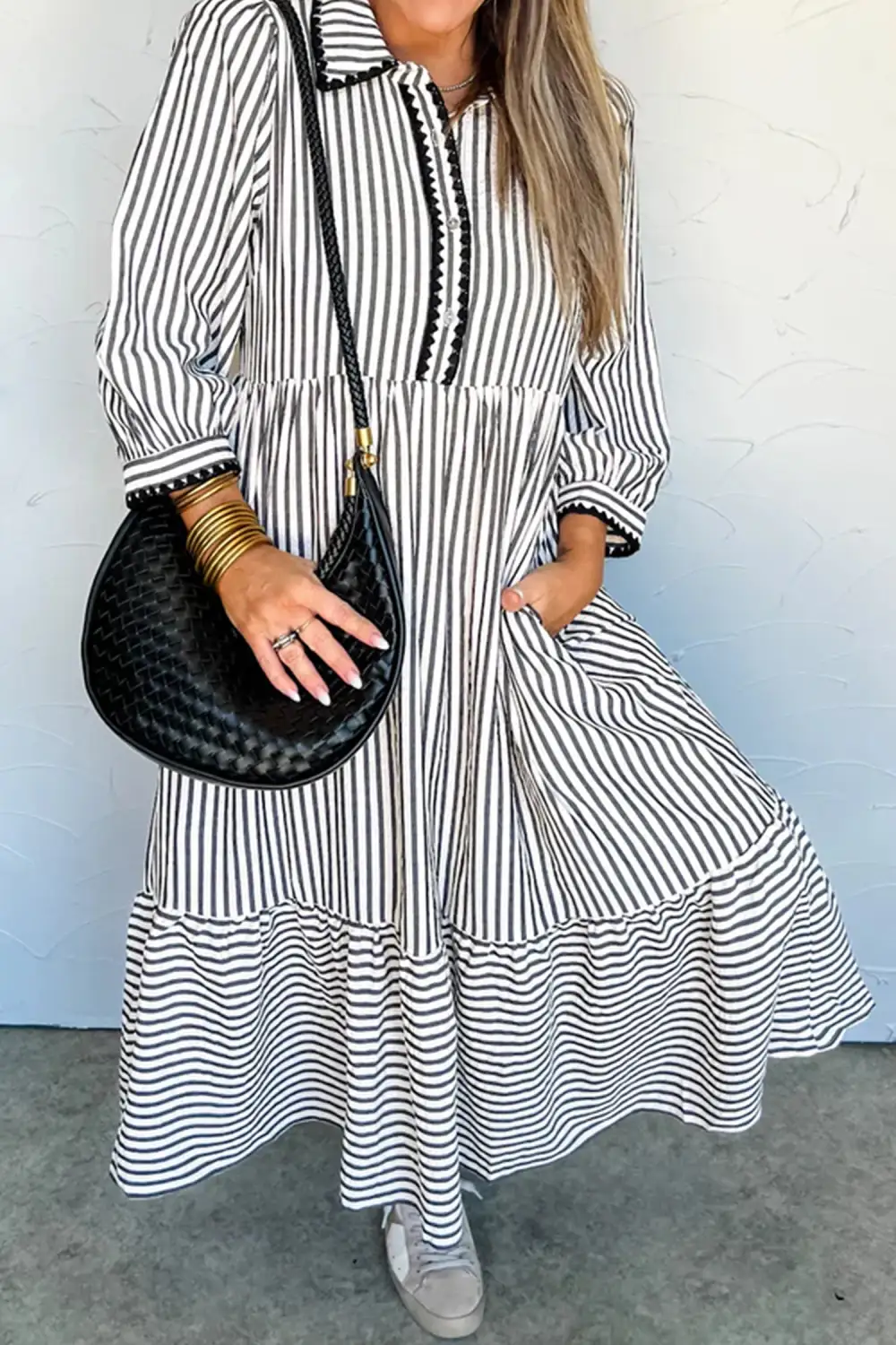 Maxi Stripe Scallop Trim Shirt Collar Half Button Sleeve