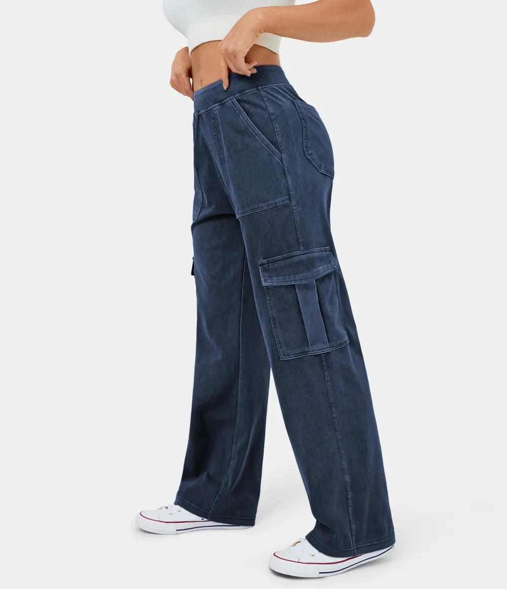 Magic Mid Rise Multiple Pockets Straight Leg Stretchy Knit Casual Cargo Jeans