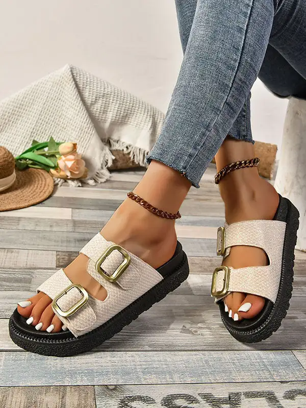 Buckle Cutout Open-Toe Polished Flat Sandals
