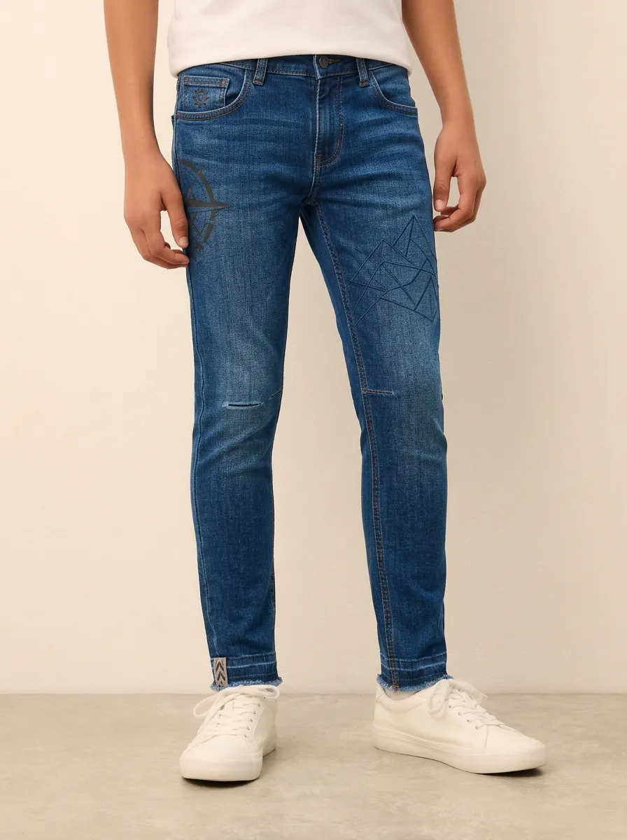 Men's Geometric Compass Graphic Printed Stretch Jeans