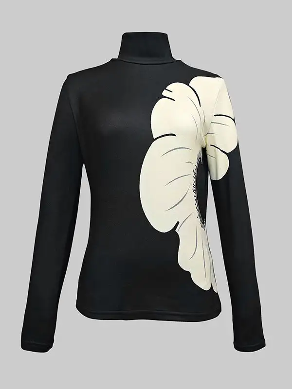 Long Sleeve Slim Fit Contrast Floral Print Panel Detail High Neck T-Shirt