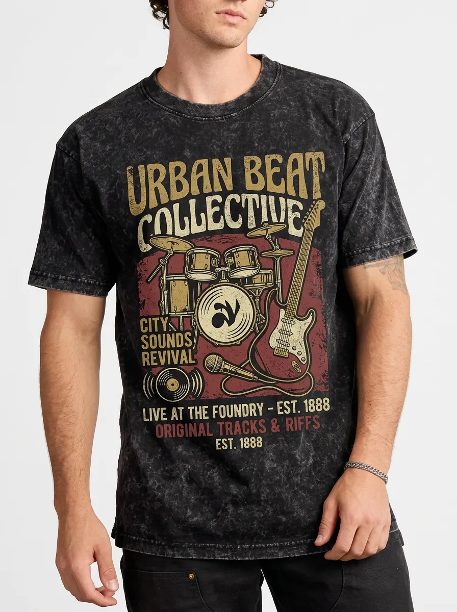 Men's Music Band Urban Beat Collective Drum Guitar Printed T-shirt