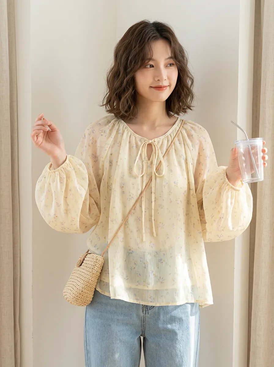 Modern Floral Women's Puff-Sleeve Blouse