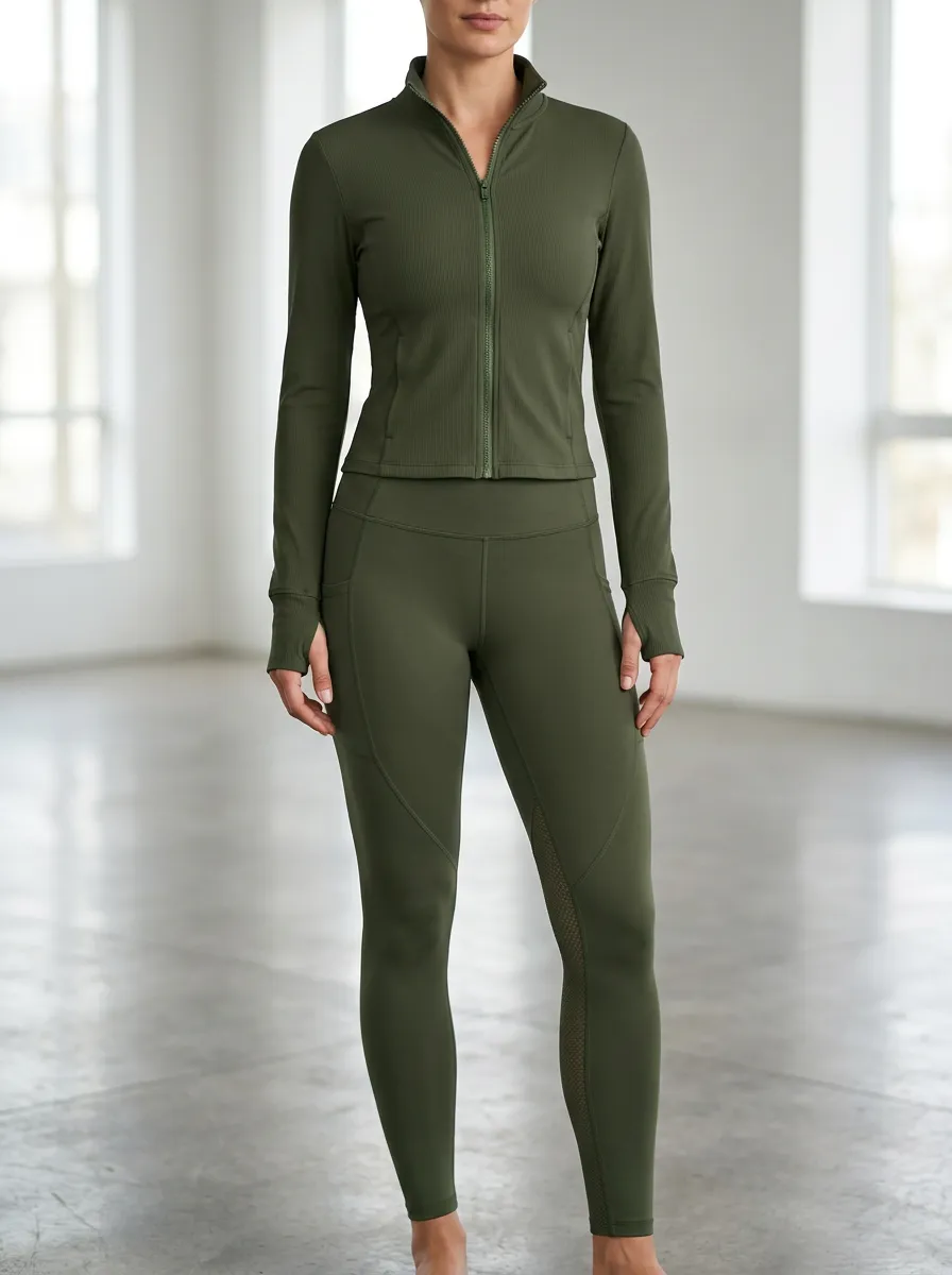 Modern Ribbed Zip Front Yoga-Inspired Lifestyle Edit Women's Sport Jacket and Leggings Set