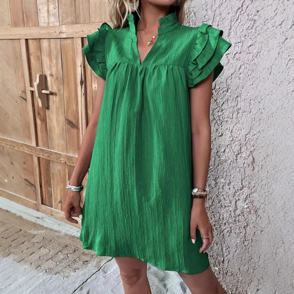 Women's A-Line V-Neck Short-Sleeve Ruffled Mini Dress