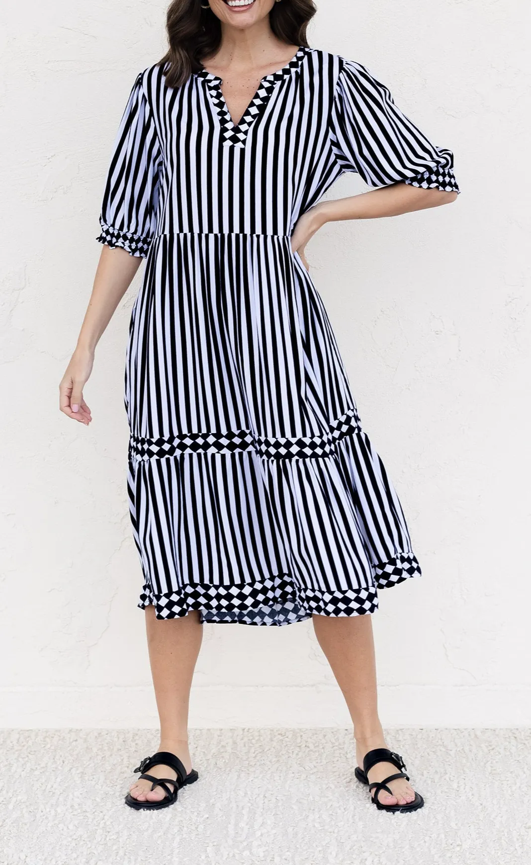 Below-Knee Striped Viscose Tiered Pocket V-Neck Half-Sleeve Dress