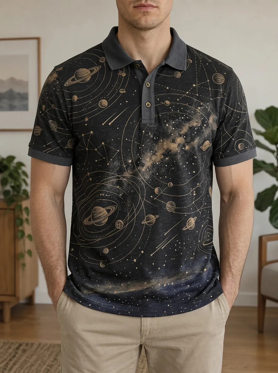 Men's Astronomy Lover Solar System Galaxy Printed Polo Shirt