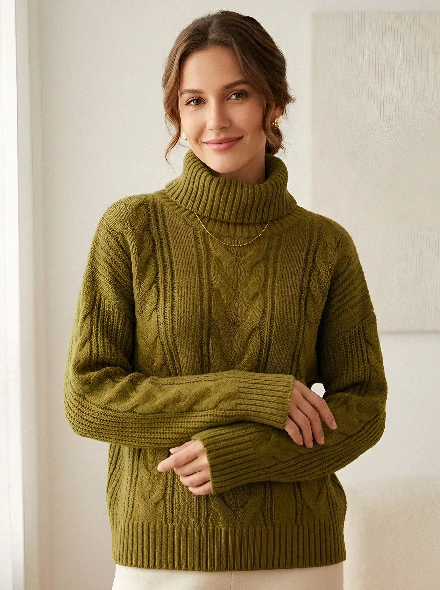Women's Casual Fall Fashion Brown Cable Knit Turtleneck Sweater