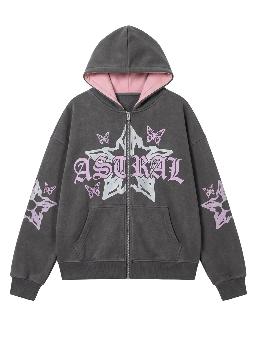 Unisex Streetwear Astral Star Butterfly Printed Zip Up Hoodie