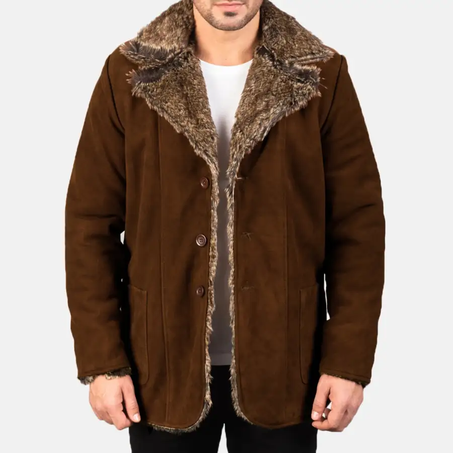 Men's Classic Suede Leather Fur Trim Coat