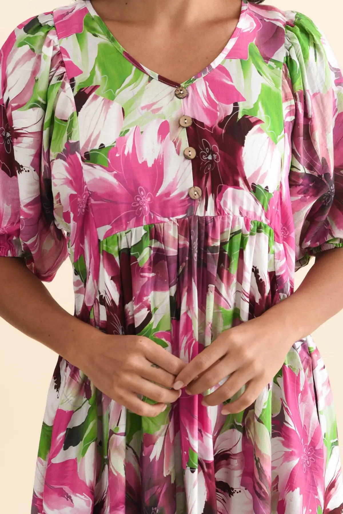 Below-Knee Floral Rayon Pocket V-Neck Half-Sleeve A-Line Dress