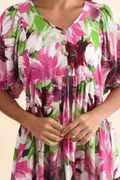 Below-Knee Floral Rayon Pocket V-Neck Half-Sleeve A-Line Dress