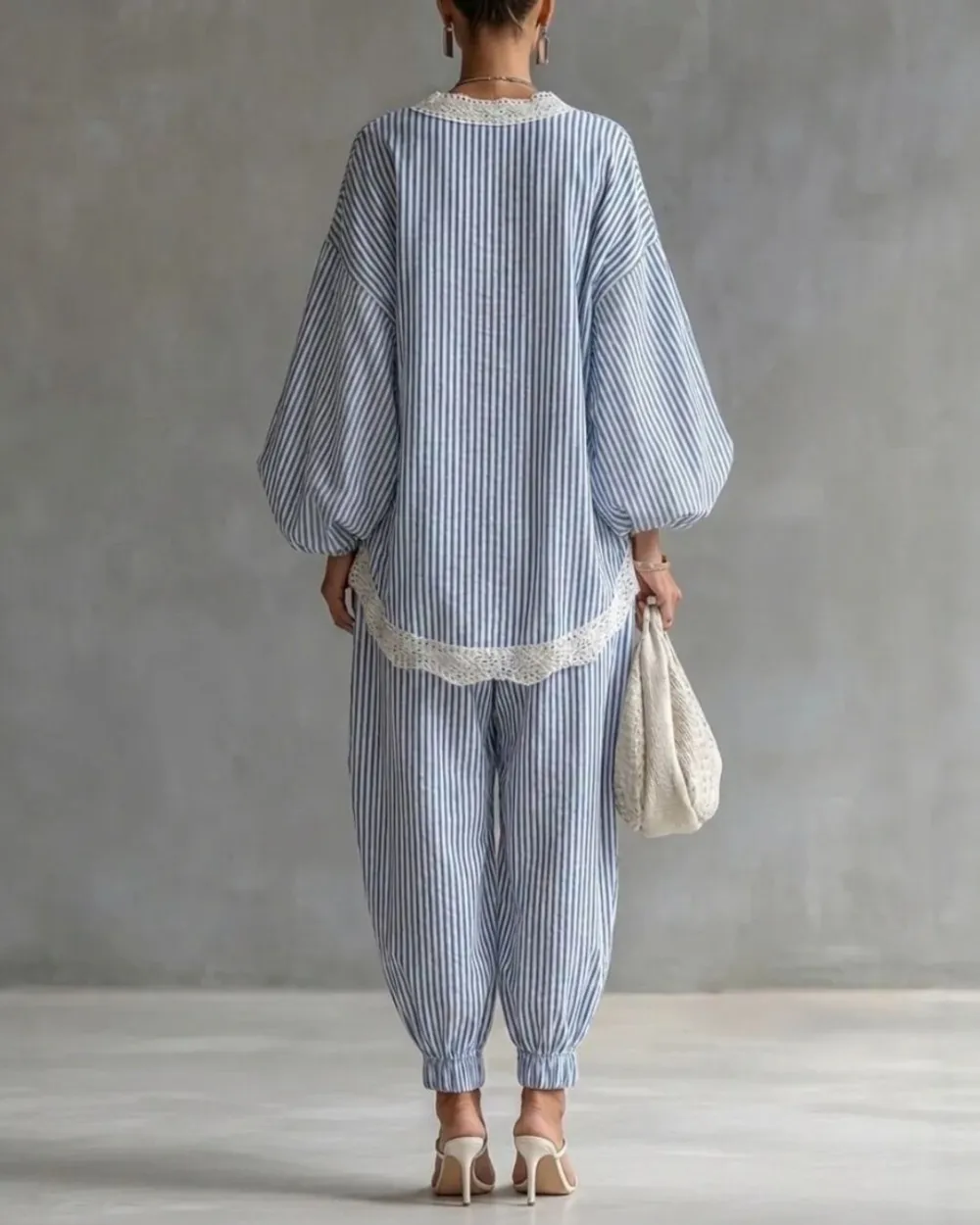 Striped Lace Trim Oversized Two-Piece Set Boho Coastal Chic Outfit