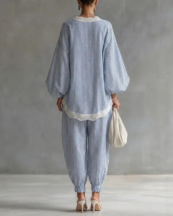 Striped Lace Trim Oversized Two-Piece Set Boho Coastal Chic Outfit