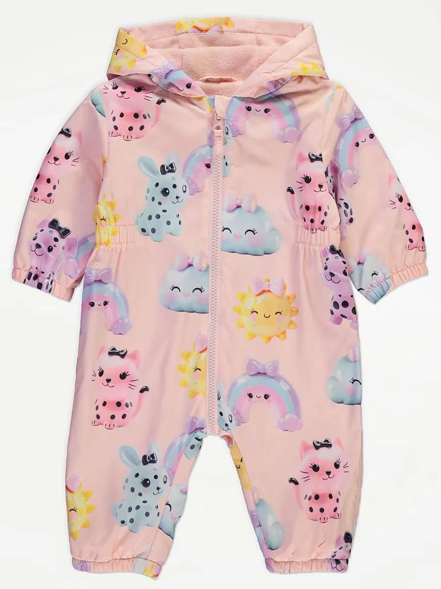 Pink Cute Fleece Lined Hooded Puddle Suit
