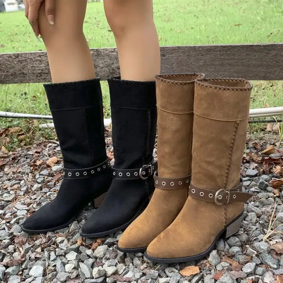 Simple Point Toe Block Heels Boots