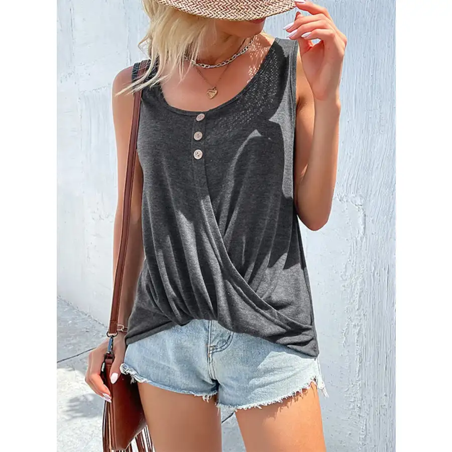 Full Size Decorative Button Round Neck Tank