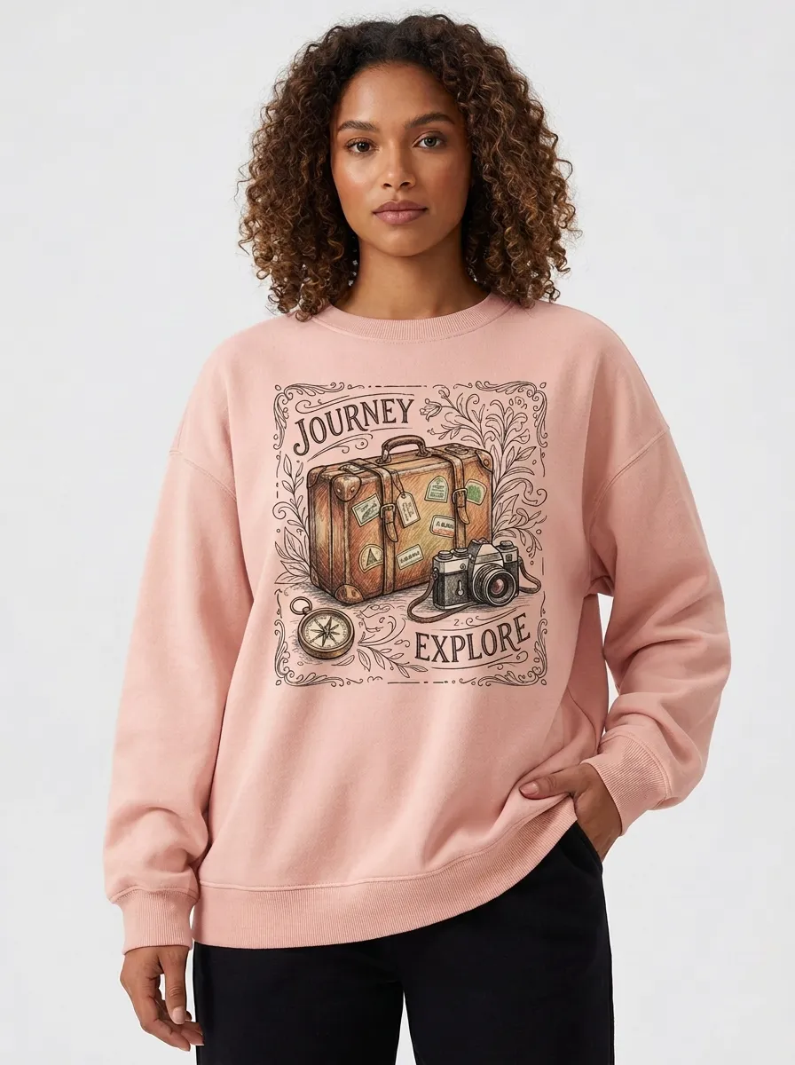 Women's Travel Journey Explore Suitcase Camera Graphic Sweatshirt