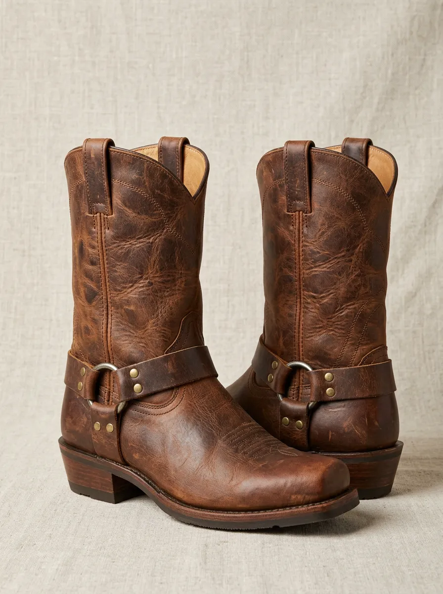 Men's Rodeo Western Brown Leather Harness Printed Boots