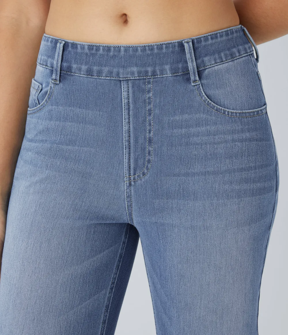 Magic High Waisted Multiple Pockets Washed Stretchy Knit Casual Bootcut Jeans