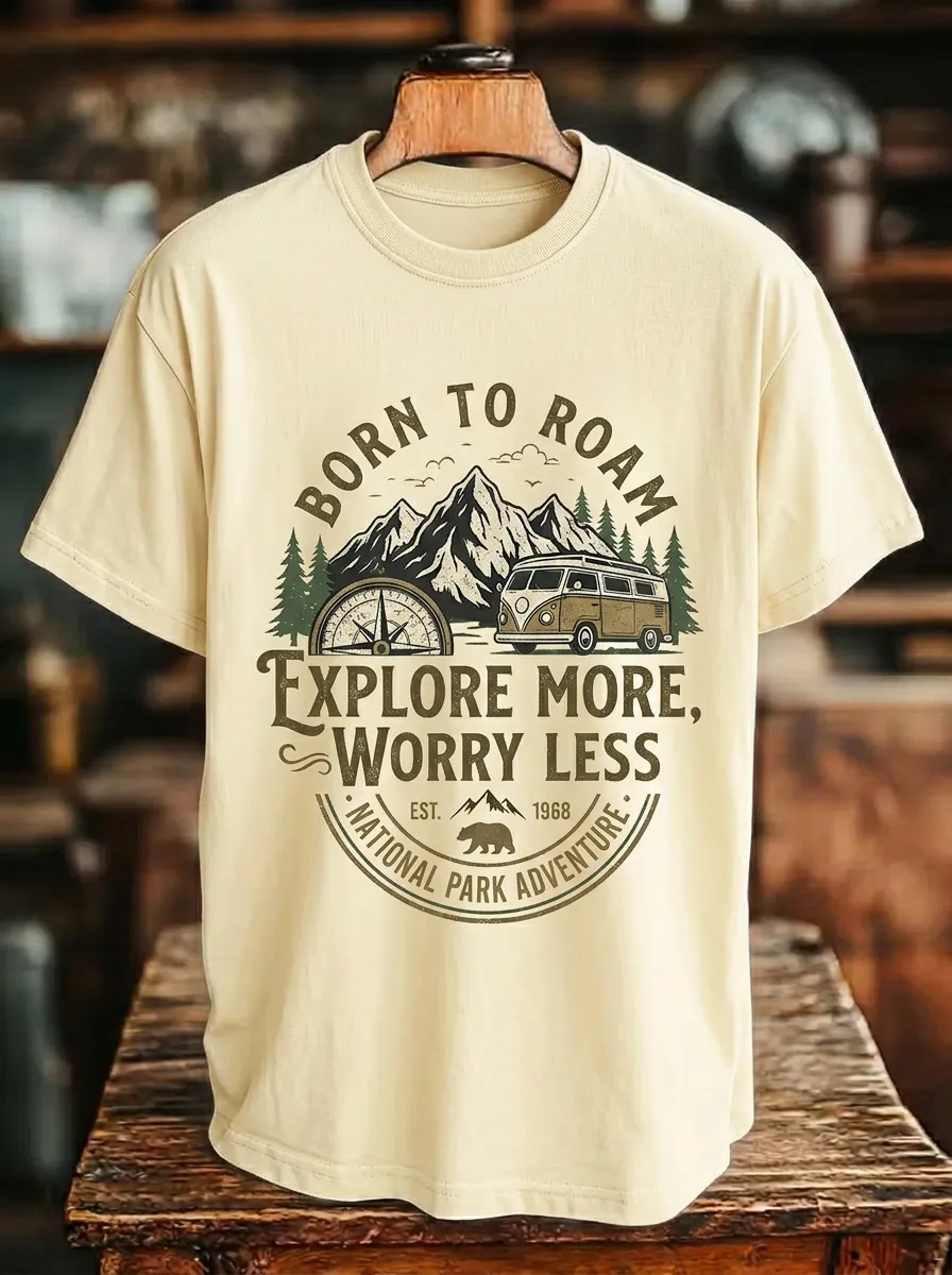 Unisex Outdoor Lover Mountain Van Compass Printed T-shirt