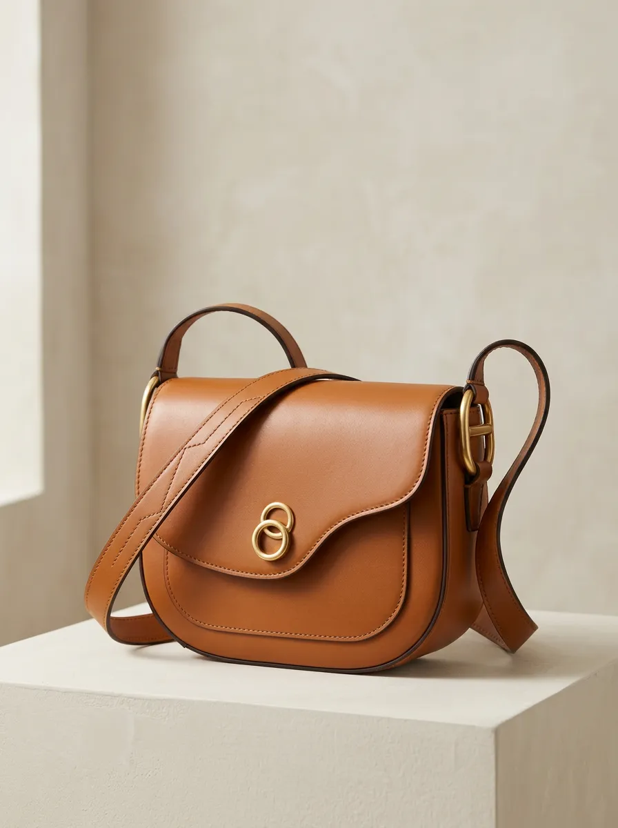 Women's Minimalist Gold Ring Accent Tan Leather Crossbody Bag