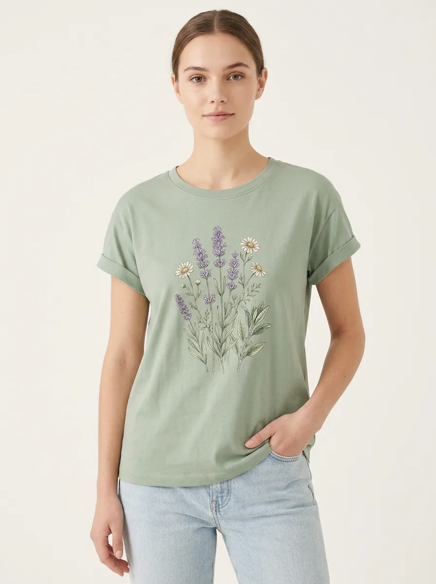 Women's Floral Graphic Crewneck T-Shirt Rolled-Cuff Dropped-Shoulder