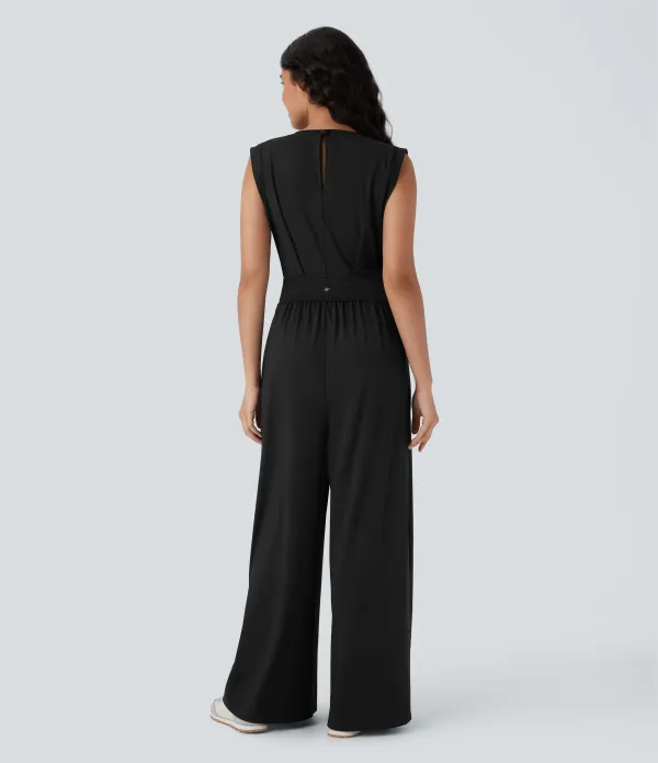SoftlyZero QuickDry Round Neck Sleeveless Keyhole Pocket Yoga Jumpsuit-Easy Peezy Edition