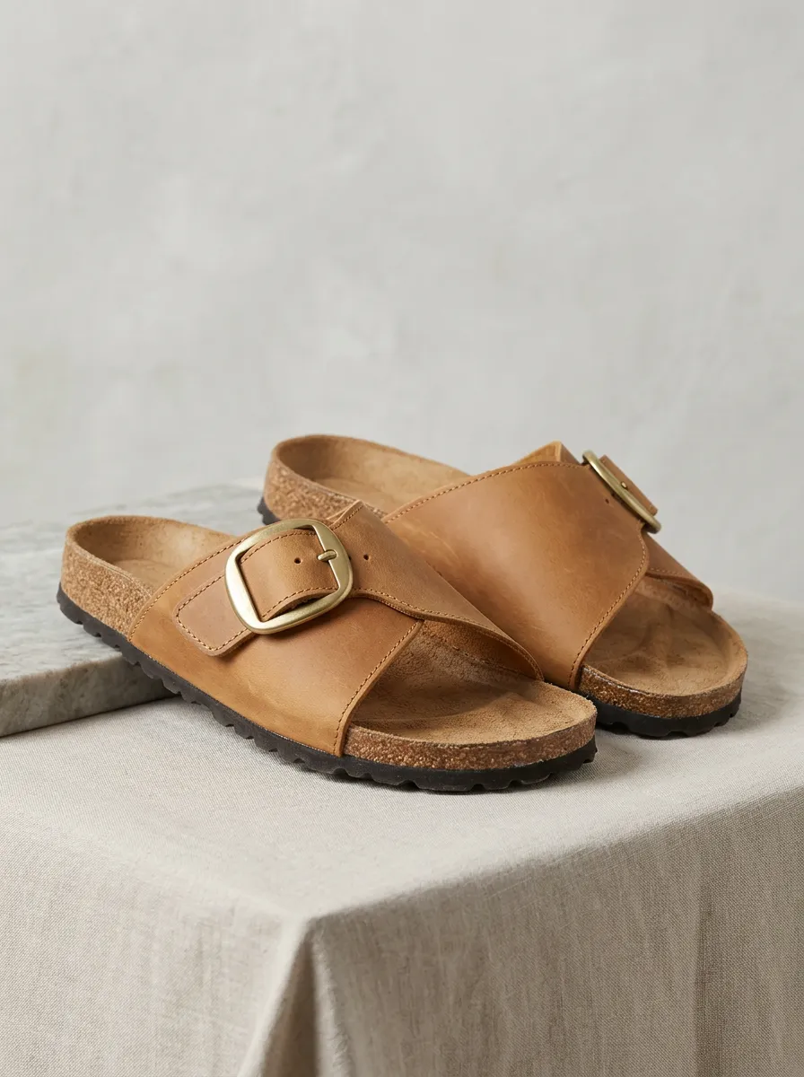 Unisex Tan Leather Gold Buckle Cork Footbed Sandals