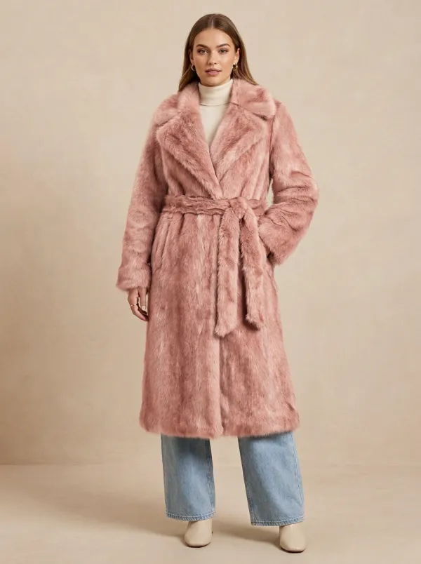 Faux Fur Belted Long Coat