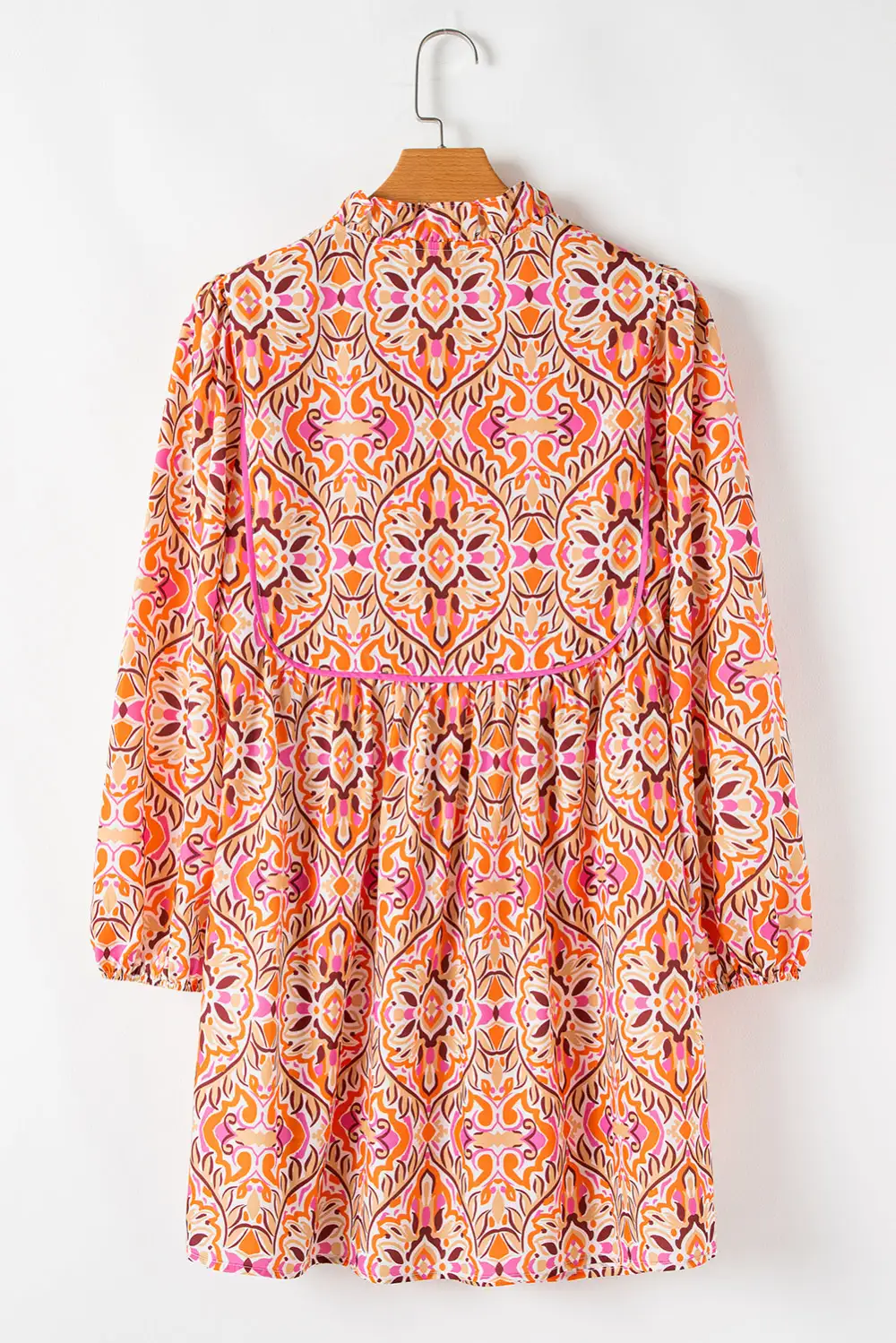 Classic Abstract Printed Long Sleeve Tied Neckline Mini Dress